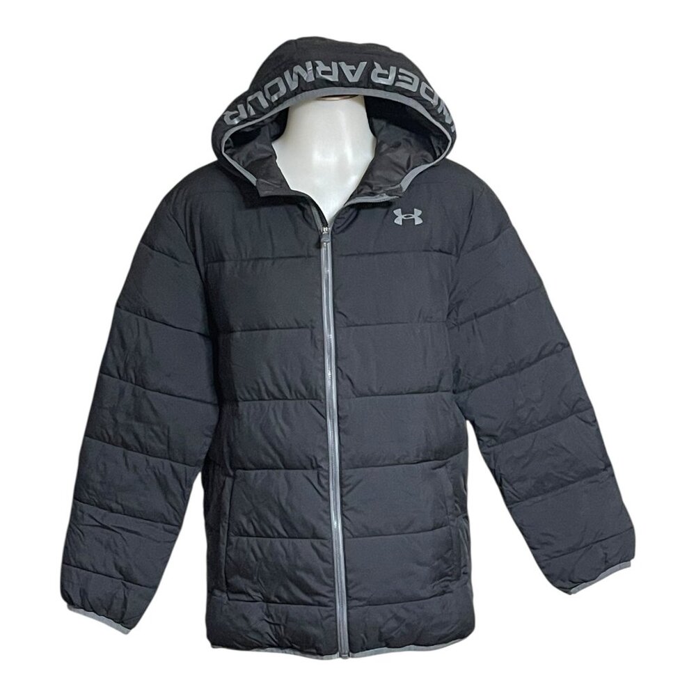 Under Armour Black Puffer Jacket‎  Hood Men Young XL  Full Zip Lightweight